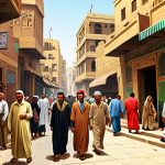 **Image Prompt for Naguib Mahfouz's Influence**: 
   "Create an illustration of a bustling Egyptian street scene, capturing the essence of everyday life in Cairo. Include diverse characters engaged in various activities, symbolizing themes of identity, love, and ambition. The atmosphere should reflect a blend of tradition and modernity, inspired by Naguib Mahfouz's literary works."