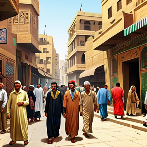 Home 7 **Image Prompt for Naguib Mahfouz's Influence**:
"Create an illustration of a bustling Egyptian street scene, capturing the essence of everyday life in Cairo. Include diverse characters engaged in various activities, symbolizing themes of identity, love, and ambition. The atmosphere should reflect a blend of tradition and modernity, inspired by Naguib Mahfouz's literary works."
