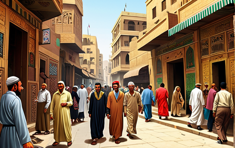 **Image Prompt for Naguib Mahfouz's Influence**:
"Create an illustration of a bustling Egyptian street scene, capturing the essence of everyday life in Cairo. Include diverse characters engaged in various activities, symbolizing themes of identity, love, and ambition. The atmosphere should reflect a blend of tradition and modernity, inspired by Naguib Mahfouz's literary works."