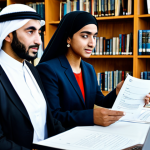 A diverse group of adults, fully clothed in professional business attire, seated at a modern study table in a well-lit, contemporary library. One individual proudly holds an Arabic language proficiency certificate, while others are engaged in collaborative study with open textbooks and laptops displaying Arabic script. The background subtly features abstract patterns inspired by Arabic calligraphy. The scene conveys academic achievement and global opportunity. Perfect anatomy, correct proportions, natural poses, well-formed hands, proper finger count, natural body proportions. Safe for work, appropriate content, fully clothed, professional, high-quality, professional photography.