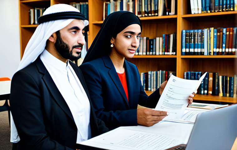 A diverse group of adults, fully clothed in professional business attire, seated at a modern study table in a well-lit, contemporary library. One individual proudly holds an Arabic language proficiency certificate, while others are engaged in collaborative study with open textbooks and laptops displaying Arabic script. The background subtly features abstract patterns inspired by Arabic calligraphy. The scene conveys academic achievement and global opportunity. Perfect anatomy, correct proportions, natural poses, well-formed hands, proper finger count, natural body proportions. Safe for work, appropriate content, fully clothed, professional, high-quality, professional photography.
