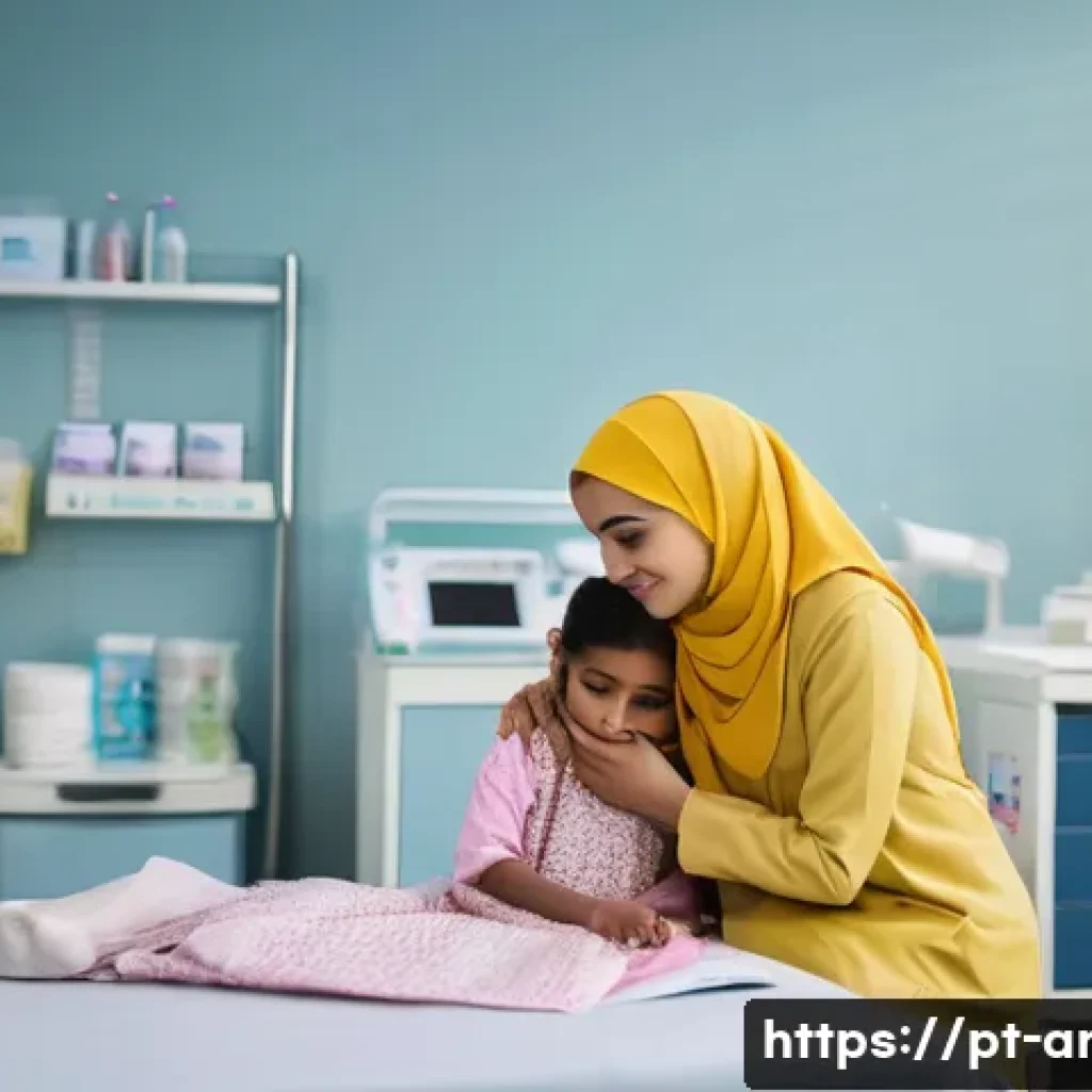 아랍어 의료 상황 표현 - **Prompt:** A kind, female doctor with warm eyes kneels beside a young girl (approximately 6 years o...