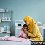 Home 22 아랍어 의료 상황 표현 - **Prompt:** A kind, female doctor with warm eyes kneels beside a young girl (approximately 6 years o...