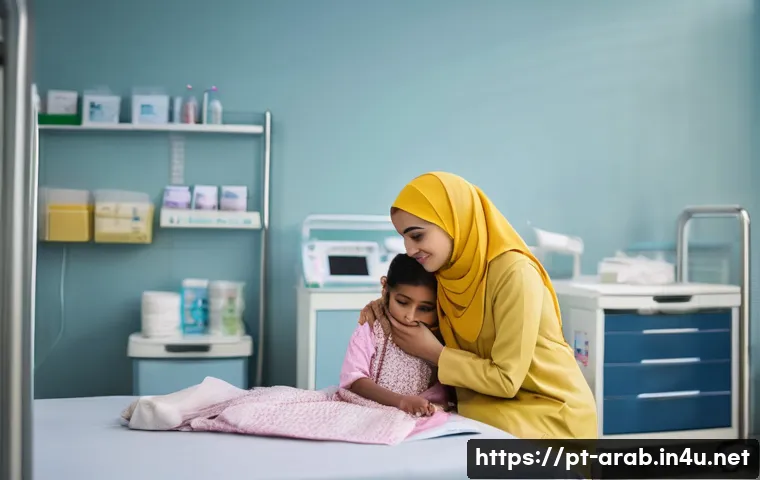 아랍어 의료 상황 표현 - **Prompt:** A kind, female doctor with warm eyes kneels beside a young girl (approximately 6 years o...