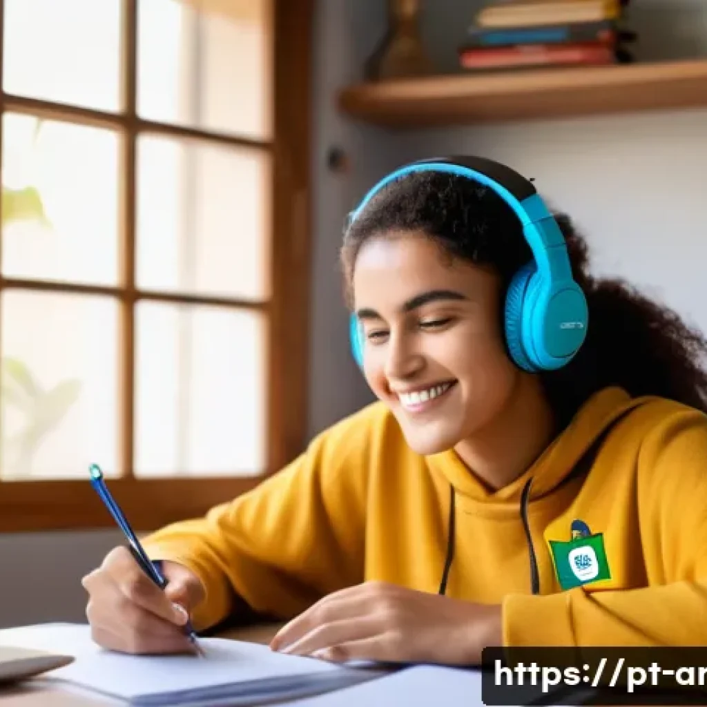 아랍어 코칭 프로그램 - A focused young adult woman sitting at a cozy home study desk in Brazil, surrounded by Arabic langua...