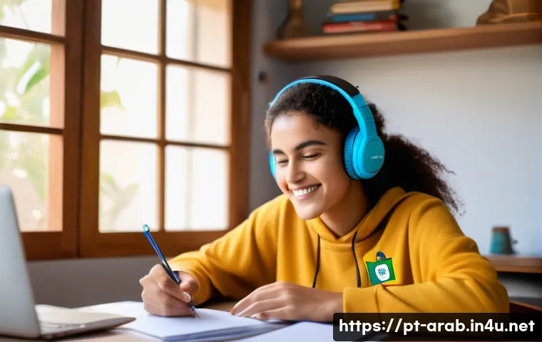 아랍어 코칭 프로그램 - A focused young adult woman sitting at a cozy home study desk in Brazil, surrounded by Arabic langua...