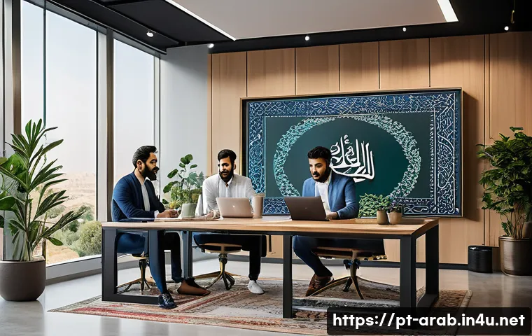아랍어권에서의 핫한 IT 기업 - A modern Middle Eastern fintech startup office scene featuring diverse young professionals collabora...
