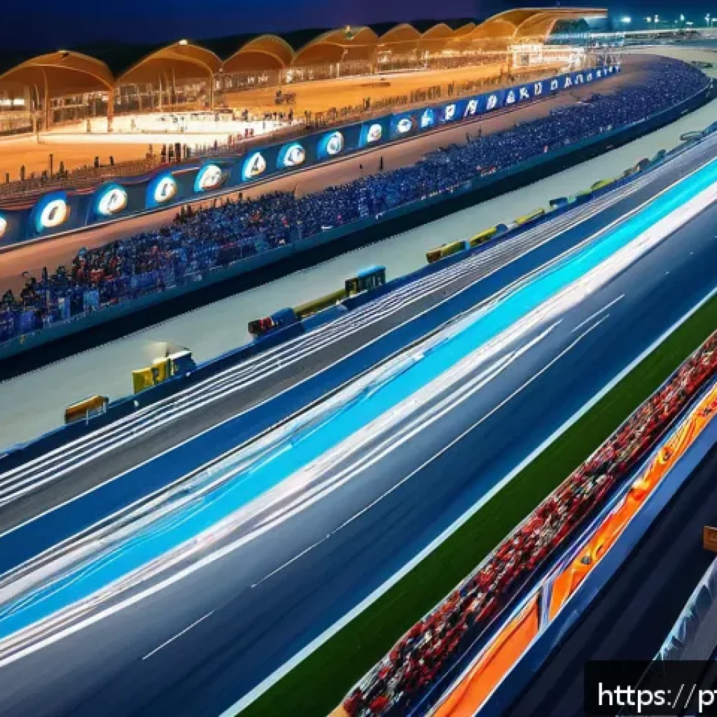 아랍어권에서의 모터스포츠 - A panoramic night view of Yas Marina Circuit in Abu Dhabi, featuring the illuminated Formula 1 racet...