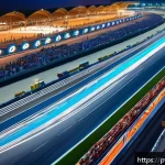Home 23 아랍어권에서의 모터스포츠 - A panoramic night view of Yas Marina Circuit in Abu Dhabi, featuring the illuminated Formula 1 racet...