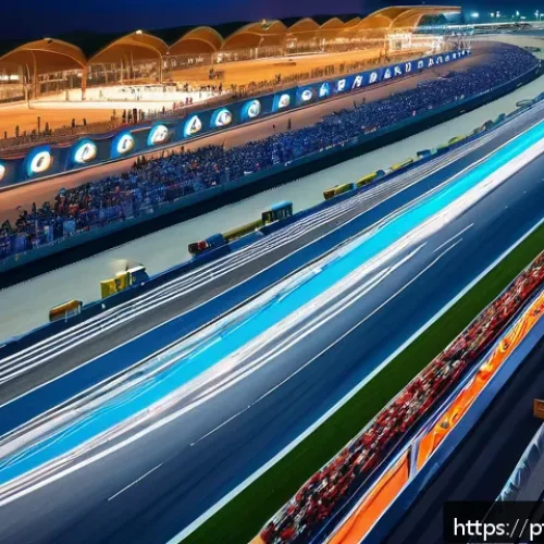 Home 17 아랍어권에서의 모터스포츠 - A panoramic night view of Yas Marina Circuit in Abu Dhabi, featuring the illuminated Formula 1 racet...