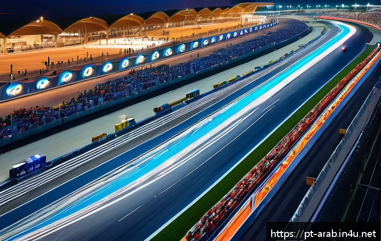 아랍어권에서의 모터스포츠 - A panoramic night view of Yas Marina Circuit in Abu Dhabi, featuring the illuminated Formula 1 racet...